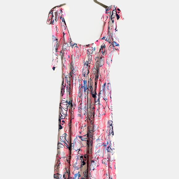 Lilly Pulitzer Rivera Smocked Midi Dress in Make a Splash Prosecco Pink Size S - Picture 1 of 13